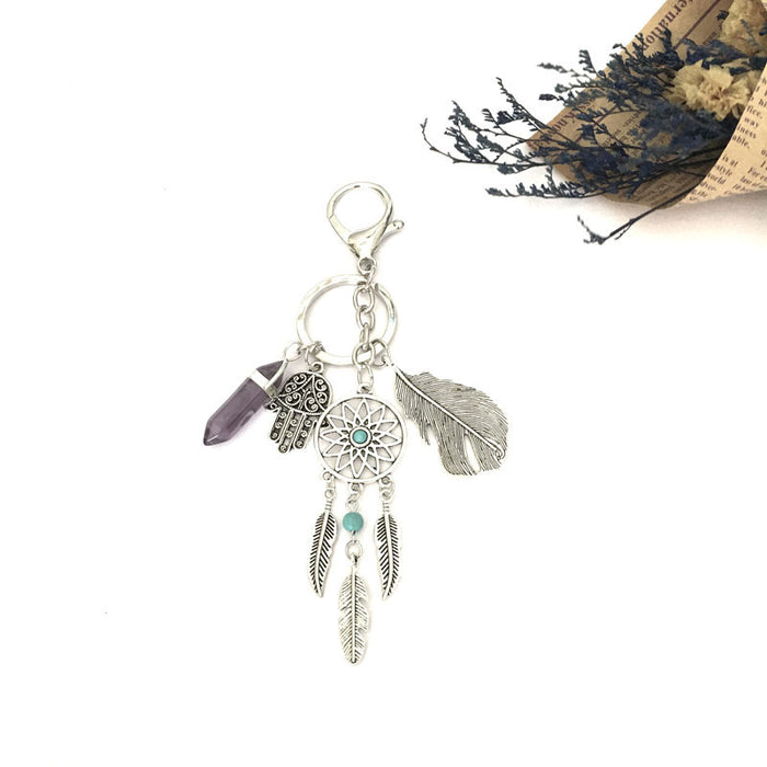 Wholesale pendant dreamcatcher palm feather vintage stone accessories keychain JDC-KC-ShuoYu002