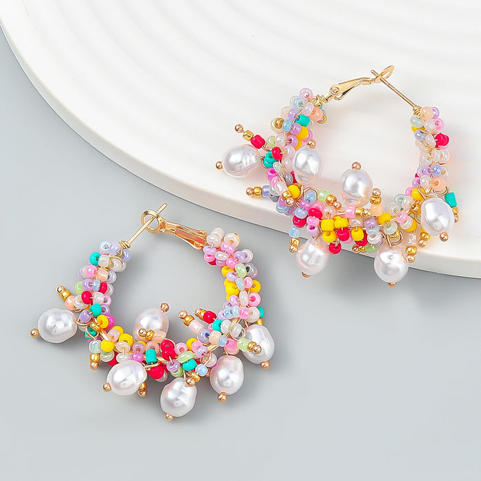 Wholesale Round Alloy Rice Bead Braided Wreath Earrings JDC-ES-JL1002