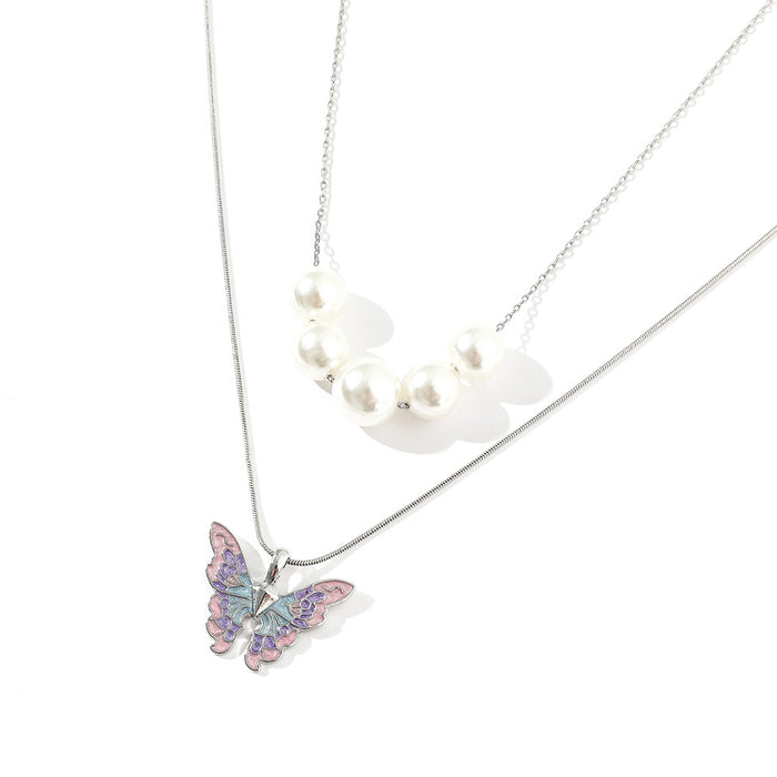 Collar de perla de mariposa de doble capa al por mayor colgante de esmalte premium jdc-ne-kefeng002