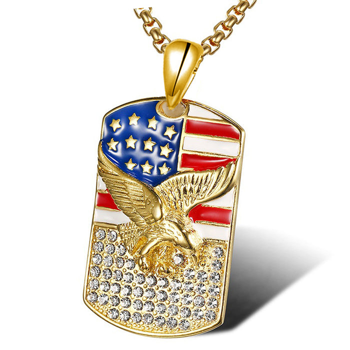Wholesale 4th of July Alloy Independence Day Hip Hop Gold Plated Diamond Eagle Pendant Necklace JDC-NE-XunO038