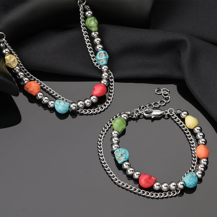 Wholesale Bracelet Alloy Color Turquoise Skull Stainless Steel Pearl JDC-BT-DaW002