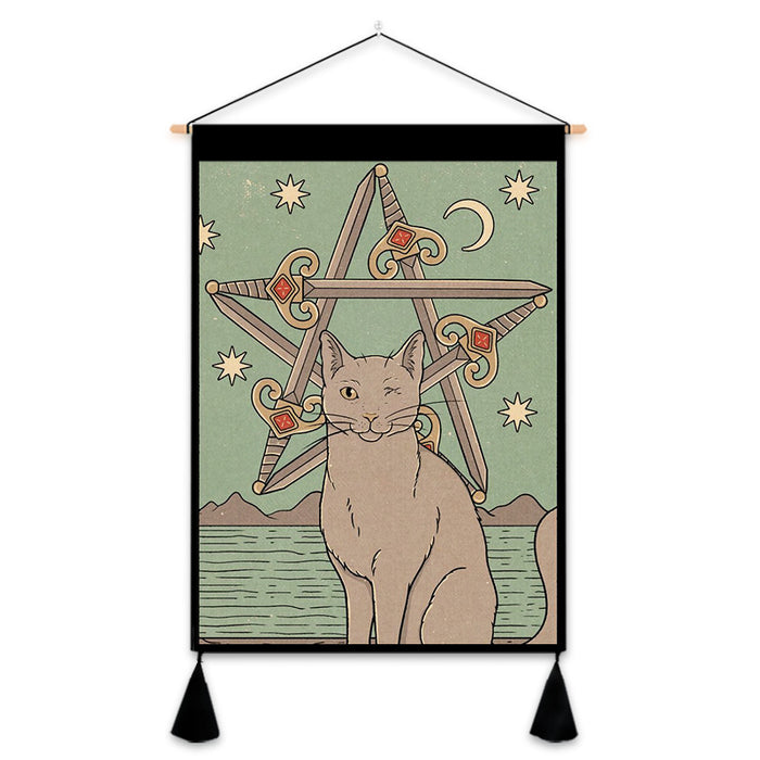 Wholesale Decorative Linen Tarot Cat Printed Tassel Hanging Cloth MOQ≥2 JDC-DCN-Jianjie015