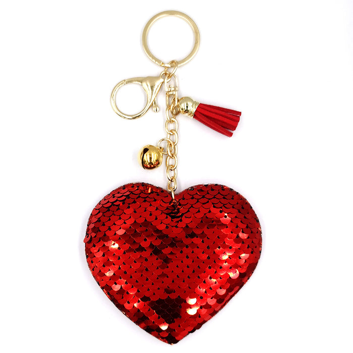 Wholesale Keychains Sequin Metal Buckle Reflective Shiny Peach Heart Bell Fringe 3pcs JDC-KC-QiShi040