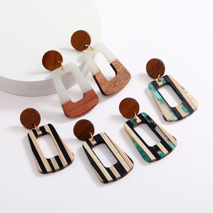 Wholesale Earrings Wood Splicing Resin Hollow Trapezoid MOQ≥2 JDC-ES-QMai002