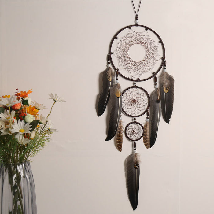 Wholesale Dream Catcher Feather Brown Three Rings Large Pendant MOQ≥2 JDC-DC-ShanX003