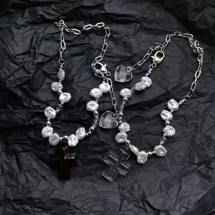 Wholesale Necklace Beaded Cross Heart Transparent Beaded Necklace JDC-NE-DLF007