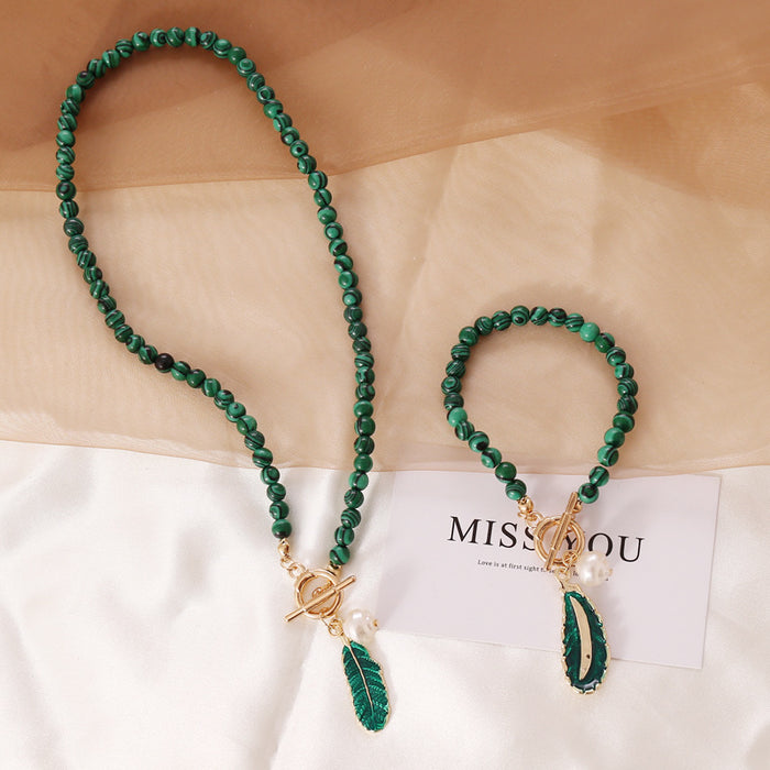 Wholesale Necklaces Alloy Vintage Malachite Leaf Pearl Drop Oil MOQ≥2 JDC-NE-PuH006