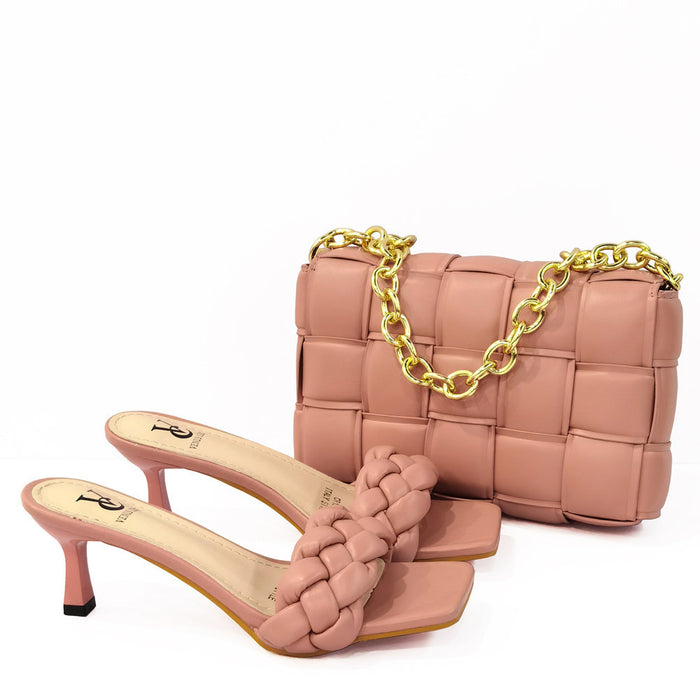 Wholesale Combination Set With Chain Bag Woven Middle Heel Square Toe Slippers JDC-SD-JNT001