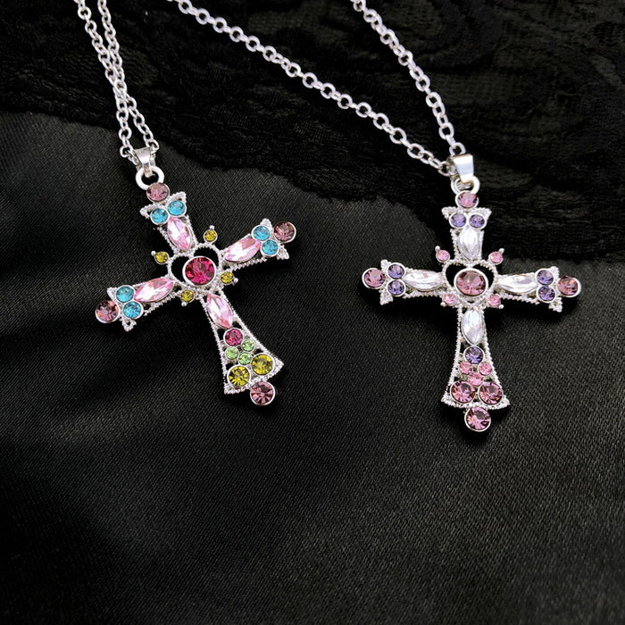 Wholesale Necklaces Alloy Color Zircon Cross Heart Pink Purple Y2K JDC-NE-WuM001