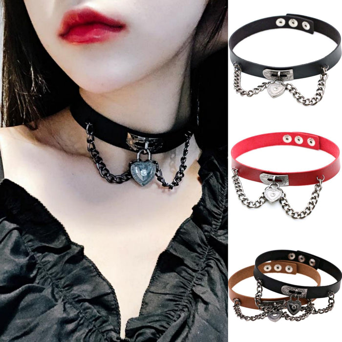 Wholesale metal chain collar peach heart love lock pendant pu leather necklace MOQ≥2 JDC-NE-HJ003