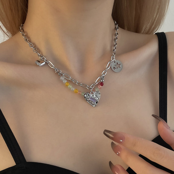 Wholesale Necklaces Titanium Alloy Colorful Beads Heart Necklace JDC-NE-AiY010