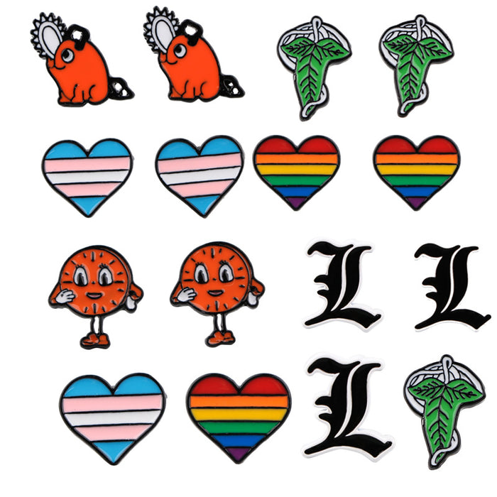 Pendientes al por mayor de aleación Cartoon Green Leafbow Rainbow Color Heart Stat Pendientes JDC-ES-Kubei008