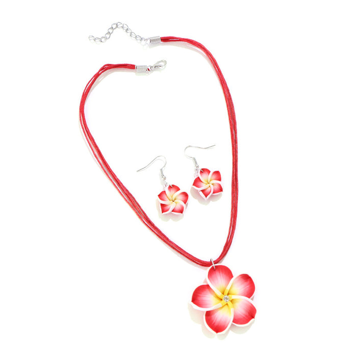 Wholesale Soft Ceramic Flower Alloy Wax Rope Necklace Earrings Set JDC-ES-PaK001