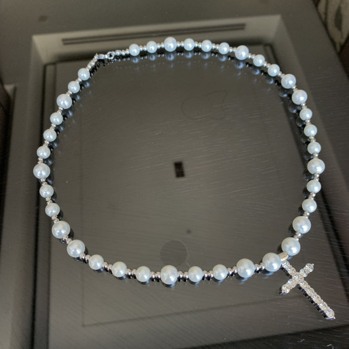 Wholesale Necklace Titanium Steel Pearl Diamond Zircon Cross Men's Necklace JDC-NE-HONGHUI001