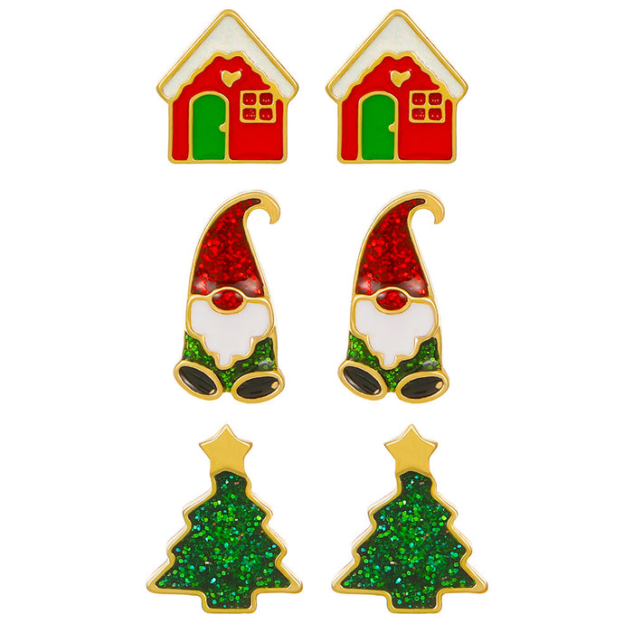 Wholesale Earring Alloy Christmas Old Man Gift Box House Bow Set JDC-ES-A553