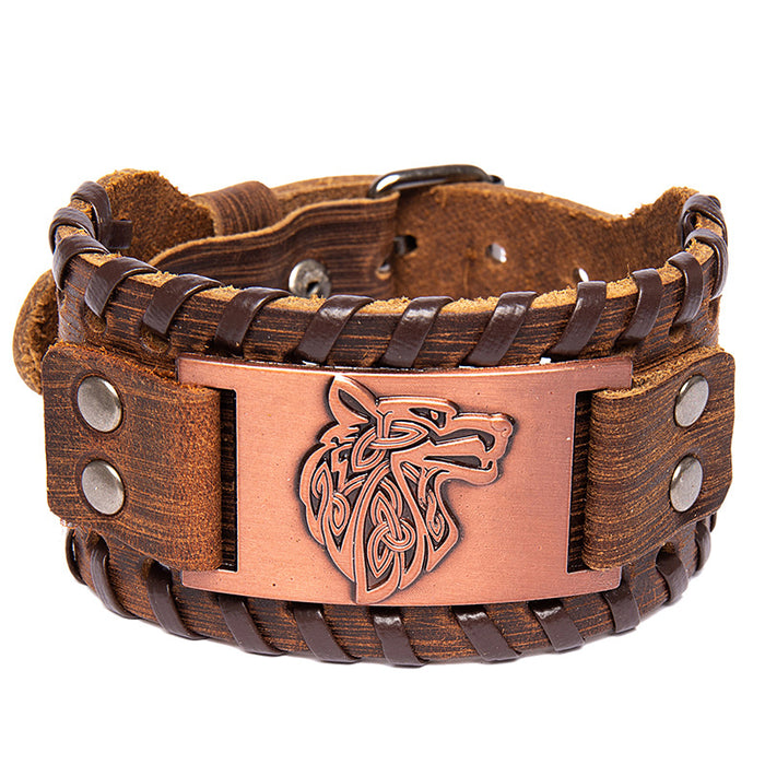 Wholesale Handmade Leather Double Layer Alloy Wolf Head Wide Leather Bracelet JDC-BT-BaB001