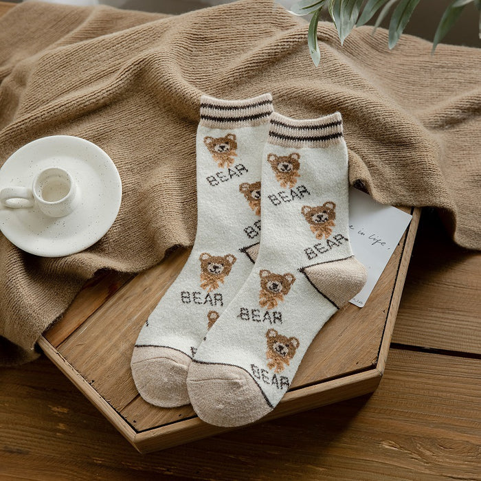 Wholesale Socks Wool Medium Tube Warm Thick Cartoon Striped Bear JDC-SK-ChangShen003