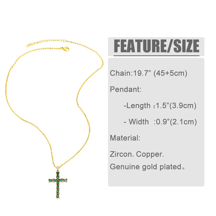 Wholesale Necklace Copper Plated 18K Gold Zircon Emerald Cross JDC-PREMAS-NE-016