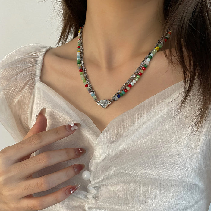 Wholesale Necklaces Titanium Alloy Colorful Beads Heart Necklace JDC-NE-AiY011