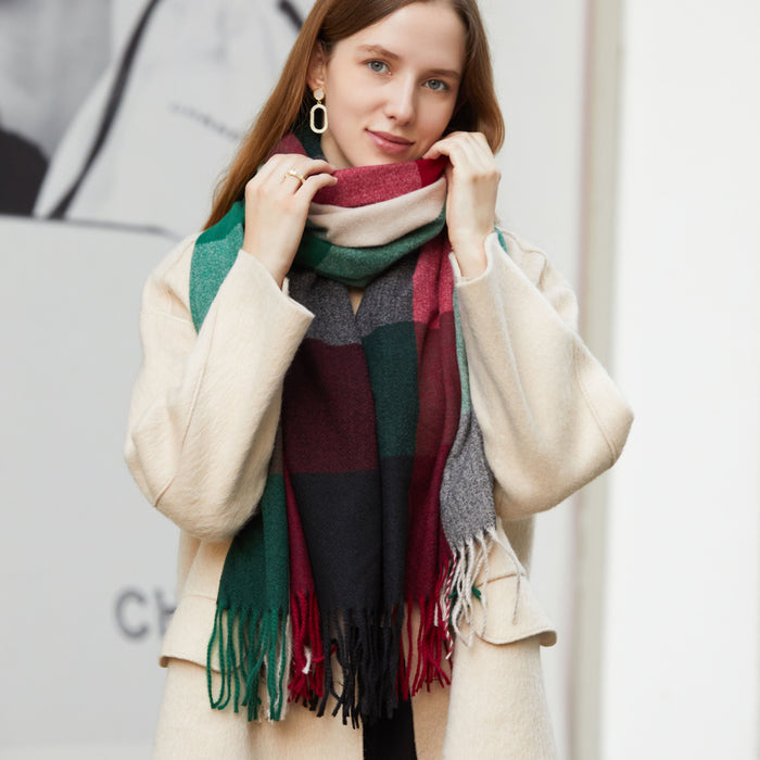 Wholesale Scarf Polyester Colorblock Plaid Tassel Extended Warmth MOQ≥2 JDC-SF-Jinghan004