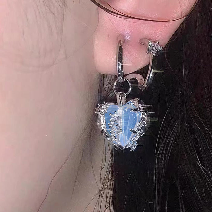Wholesale Earrings Titanium Steel Blue Zirconia Split Heart JDC-ES-Jingh012