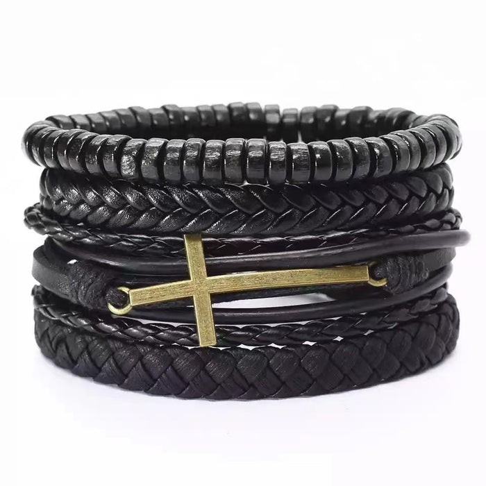 Wholesale Four Piece Carpunk Hardware Leather Bracelet Multilayer Set Cross MOQ≥3 JDC-BT-BaB011