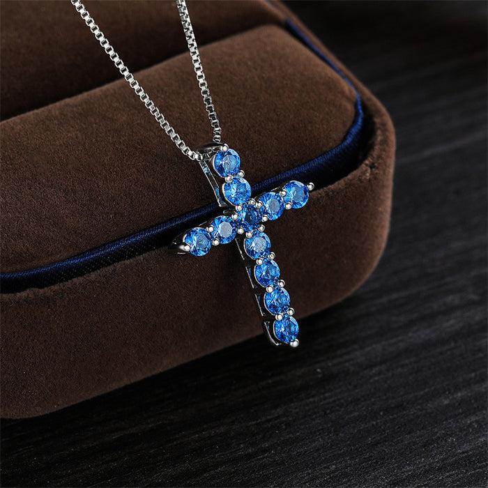 Wholesale Aqua Blue Birthstone Cross Pendant Necklace JDC-NE-ery002