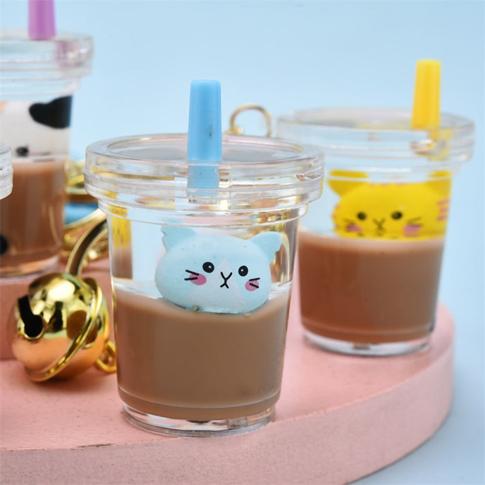 Wholesale Keychains Acrylic Hardware Into Oil Float Bottle Kitten Milk Tea Cup JDC-KC-YPin035