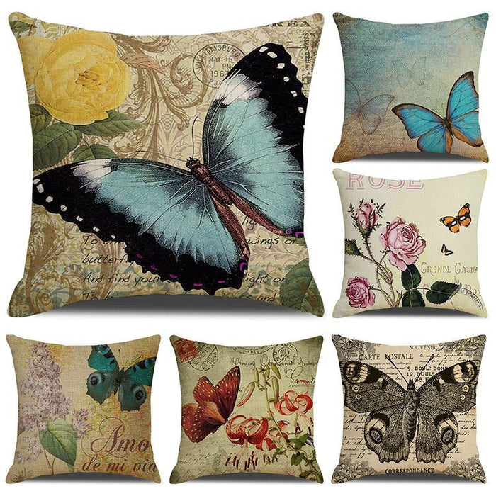 Wholesale Vintage Butterfly Floral Print Linen Pillowcase MOQ≥2 JDC-PW-Xiangren015
