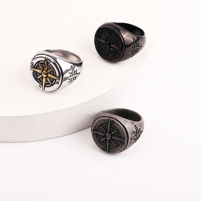 Wholesale Metal Round Compass Men's Titanium Steel Ring JDC-RS-HaiT004