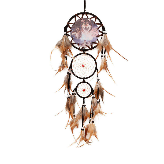 Wholesale Dream Catcher Feather Wolf Head Oil Painting Three Layer Circle MOQ≥2 JDC-DC-ShanX007