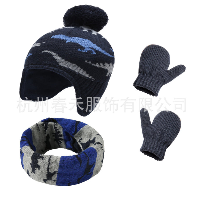 Wholesale Hat Acrylic Cute Dinosaur Winter Children Knitted Hat Gloves Scarf 3 Piece Set MOQ≥2 JDC-FH-Chunh004