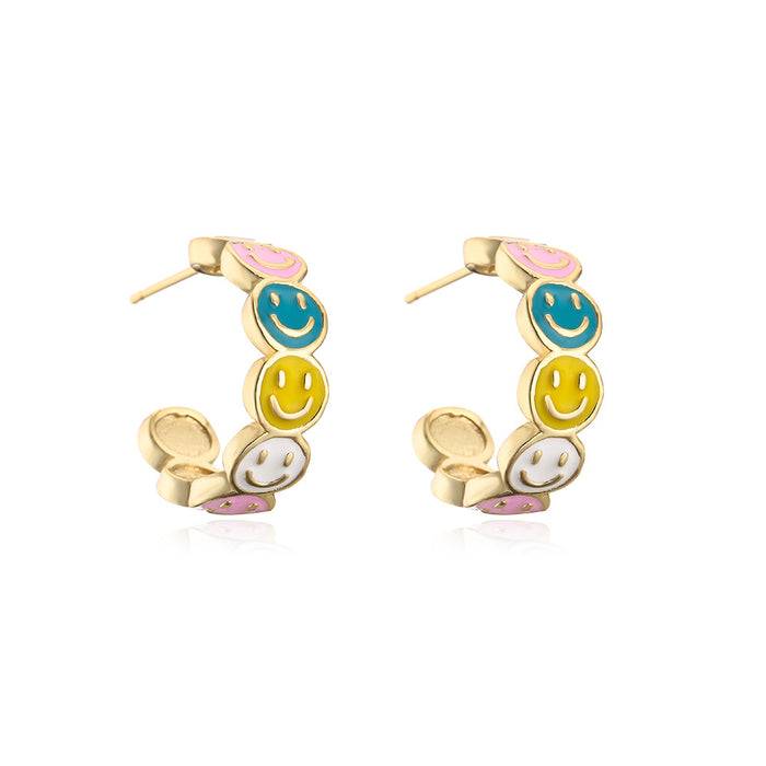 Wholesale Earrings Copper Real Gold Plated Oil Smiley Face C Shape Geometry JDC-ES-PREMAG013