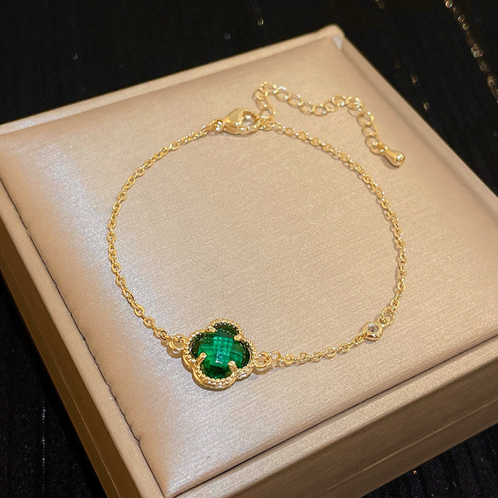 Wholesale Bracelet Copper Zircon Emerald Four Petal Flower Bracelet MOQ≥2 JDC-BT-WeiM007