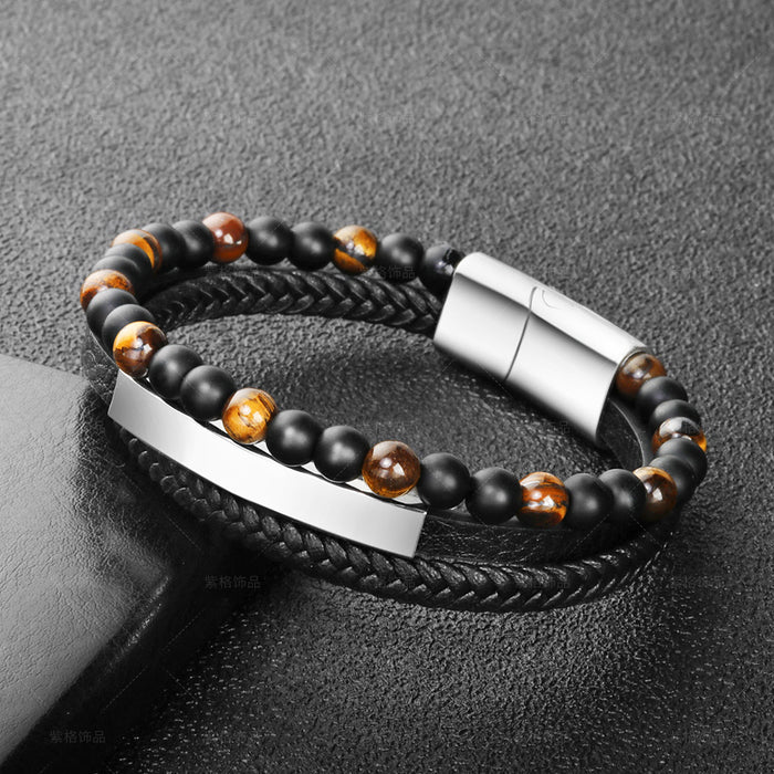 Wholesale tiger eye natural stone bead leather rope weaving Mens Leather Bracelet JDC-BT-ZiGe004