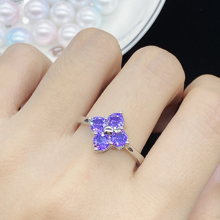 Wholesale Rings Copper Zircon Simulated Amethyst Clover Adjustable JDC-RS-KLQ010