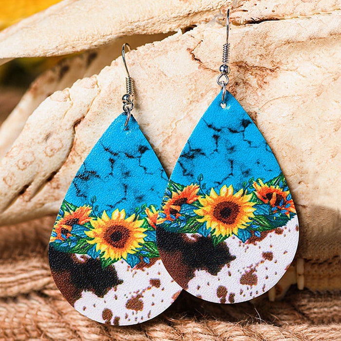 Wholesale water drop leather earrings leopard print sunflower flower double sided pu MOQ≥5 JDC-ES-Miaos003
