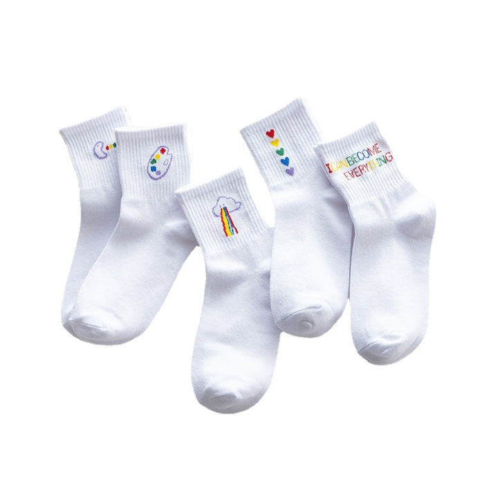 Calcetines al por mayor poliéster liso patrón de arco iris blanco calcetines de tubo medio jdc-sk-dran003