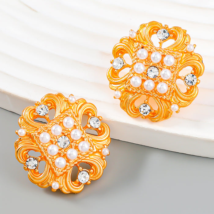 Wholesale Alloy Round Earrings Diamond Set Pearl Flower JDC-ES-JL1055