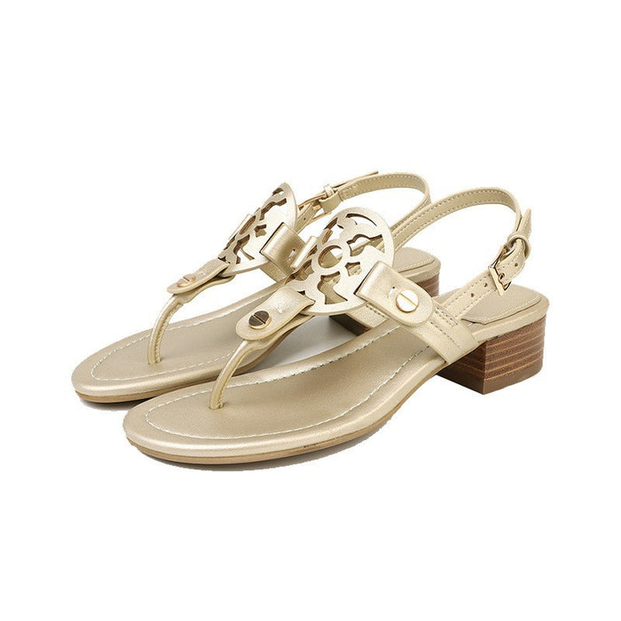 Wholesale summer new leather medium heel sandals women's plus size flip flops JDC-SD-MFL001