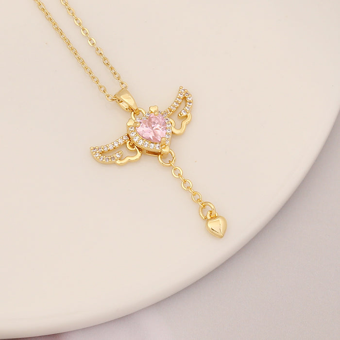 Wholesale Necklaces Copper Zircon Stainless Steel Pink Butterfly Heart JDC-NE-BingM024