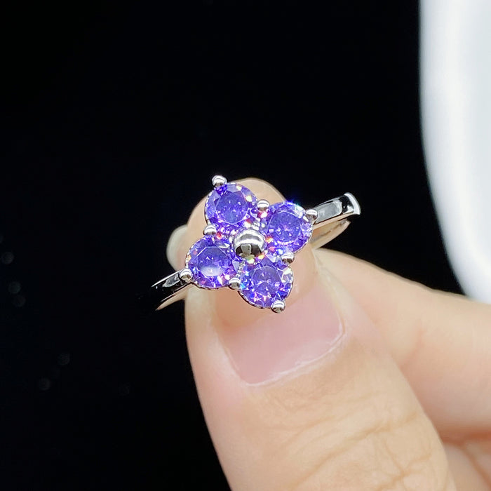 Wholesale Rings Copper Zircon Simulated Amethyst Clover Adjustable JDC-RS-KLQ010
