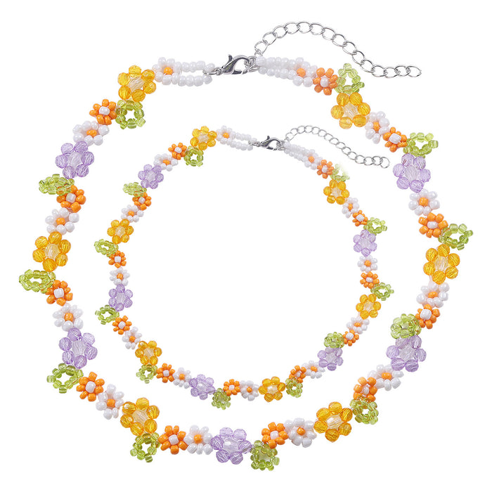 Wholesale Hand Beaded Colorful Crystal Rice Beads Daisy Necklace Bracelet Set JDC-BT-SYu002