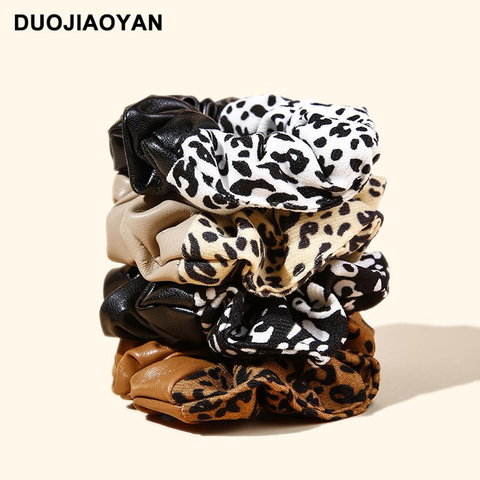 Wholesale Hair Band PU Flannelette Stitching Leopard Head Rope Rubber Band JDC-HD-Jiaoy022