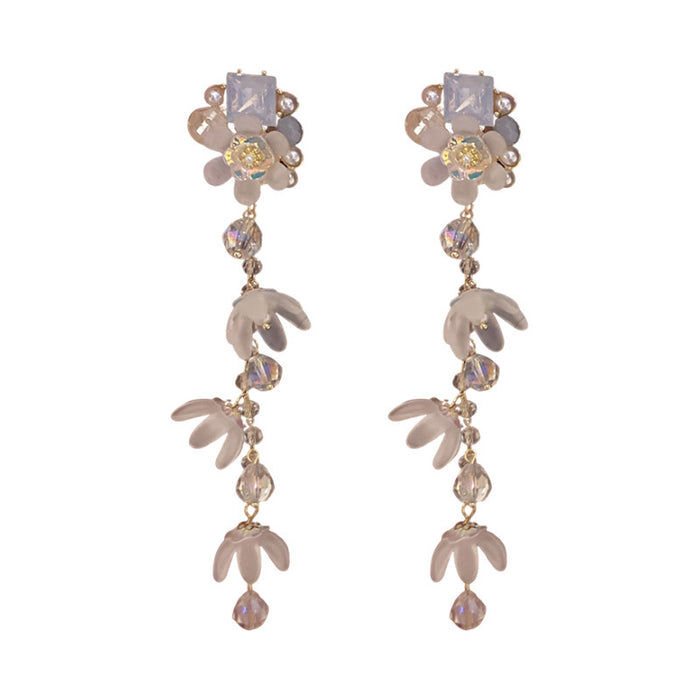 Wholesale Silver Needle Pearl Diamond Flower Crystal Tassel Earrings JDC-ES-Fengm043