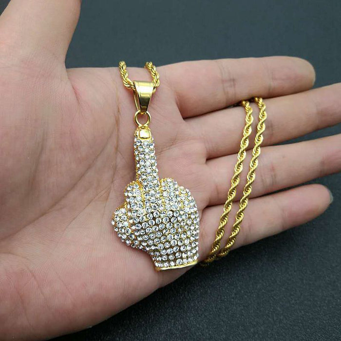 Wholesale Titanium Steel Gold Plated Diamond Fist Middle Finger Pendant Necklace JDC-NE-PREMFY012