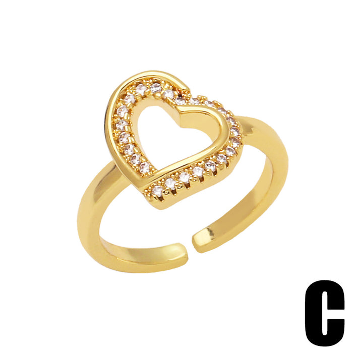 Wholesale Ring Copper Plated 18K Gold Zircon Clock Heart Shape Adjustable JDC-PREMAS-RS-001
