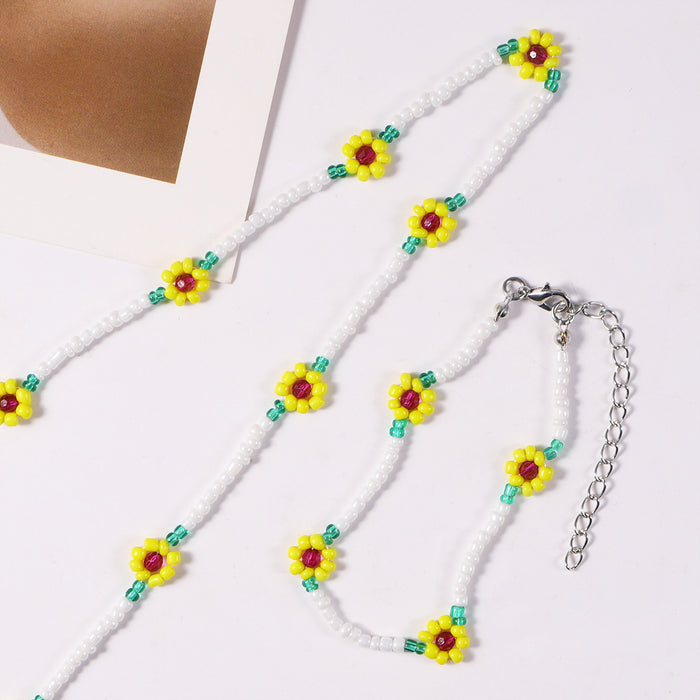 Wholesale Hand Beaded Flower Sunflower Rice Bead Necklace Bracelet Set JDC-BT-SYu003