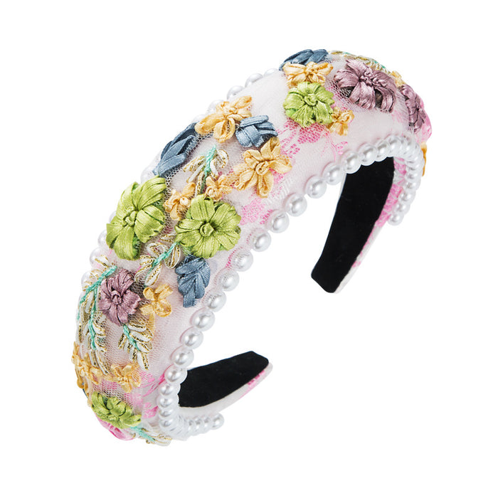 Wholesale Headband Fabric Sponge Pearl Braided Flowers MOQ≥2 JDC-HD-Hemin030