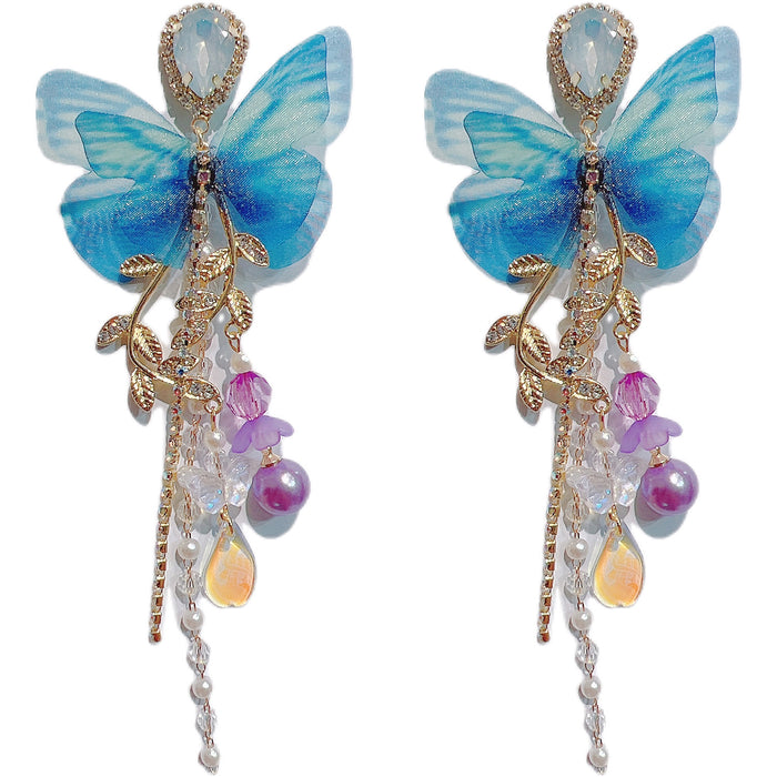 Peads de bola de mariposa de mariposa bordada azul al por mayor Pendientes de borla de flores JDC-ES-Qiant012